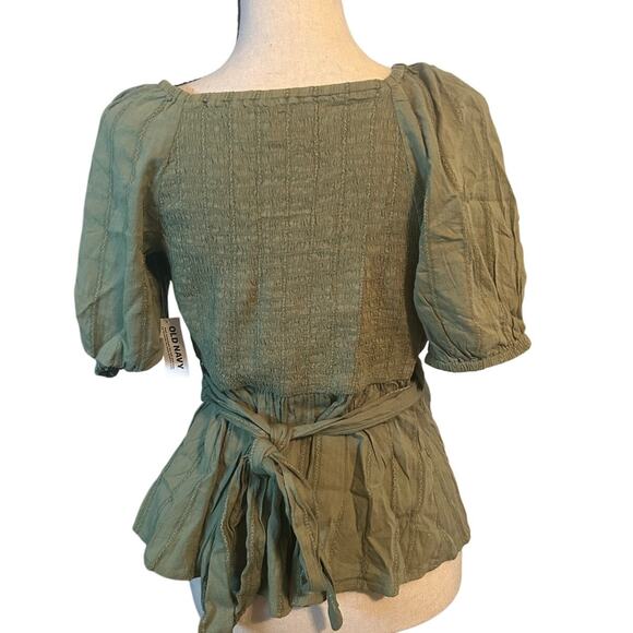 NWT Old Navy Olive Green Wrap Around Blouse Shirt Top Back Smocking Ties Sz XS - Picture 2 of 4